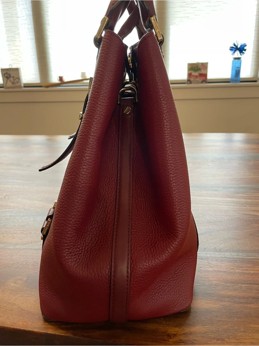 Michael Kors Burgundy Pebbled Leather Satchel with Gold Hardware